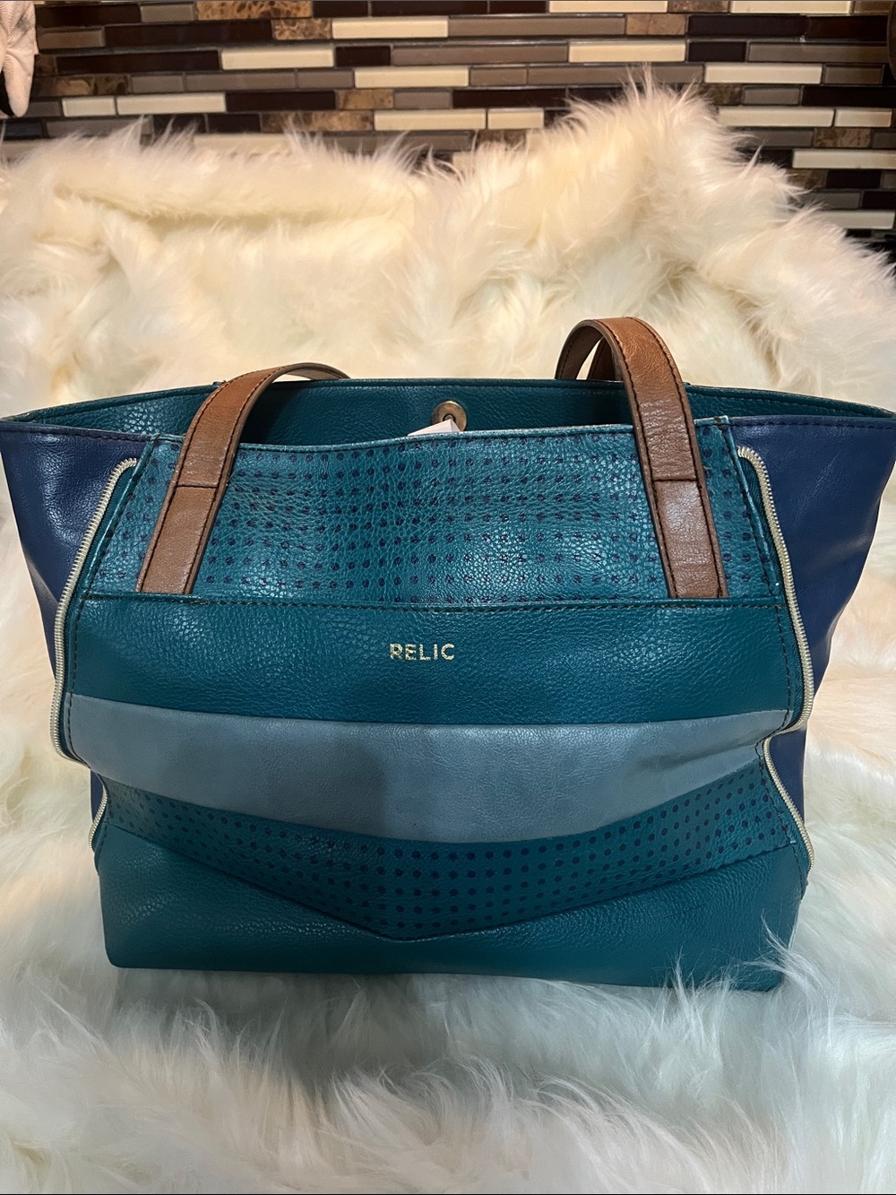 Relic Teal and Navy Leather Tote with Brown Handles